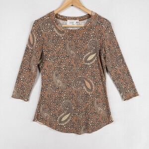 Jody California Rib Knit Top Sz Small Brown Leopard Paisley 3/4 Sleeve Casual